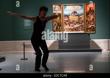 Madrid, Espagne. 19 novembre 2020. L'artiste Carmen Werner dansant dans une salle avec El Bosco (Hieronymus Bosch) peint dans le cadre d'une représentation pour le 201 anniversaire du Musée du Prado. Credit: Marcos del Mazo/Alay Live News Banque D'Images