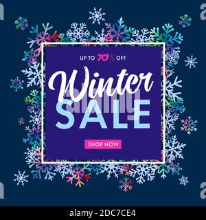 Élégante bannière de soldes d'hiver sur des flocons de neige de couleur. Motif lettrage hivernal avec flocons de neige dans le cadre et le texte : jusqu'à 70 % de réduction, solde, acheter maintenant sur le bg bleu Illustration de Vecteur