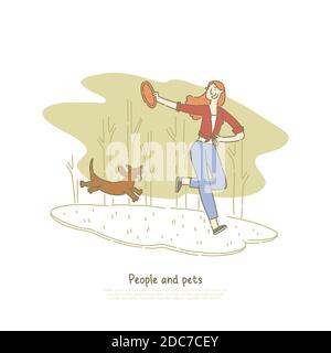 Femme jouant avec le chien de dachshund, fille jetant le jouet pour chiot, animal et propriétaire courant, marchant dans le modèle de bannière de parc. L'amitié humaine et animale con Illustration de Vecteur