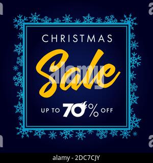 Solde de Noël élégant jusqu'à 70 % de réduction sur les bannières bleues. Modèle de motif solde de Noël avec texte jusqu'à 70 % de réduction sur le cadre en flocons de neige sur un bg bleu marine Illustration de Vecteur