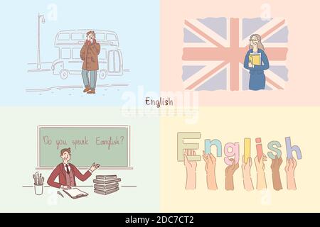 Cours d'anglais, circuit touristique en Grande-Bretagne, excursion pour les enfants, bannière du programme d'échange d'étudiants. Cours de langue en ligne, concept d'e-learning Illustration de Vecteur