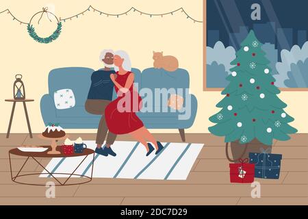 Les personnes âgées passent du temps ensemble sur l'illustration vectorielle des vacances d'hiver de Noël. Dessin animé vieux couple hugging, assis sur un canapé confortable dans la maison salle de séjour intérieur avec arrière-plan arbre de Noël Illustration de Vecteur