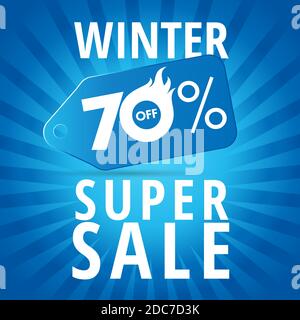 Super soldes d'hiver. Arrière-plan de super vente d'hiver avec étiquette réaliste bleue 70% de rabais sur la bannière vectorielle. Modèle de conception graphique Web isolé abstrait. Créatif Illustration de Vecteur