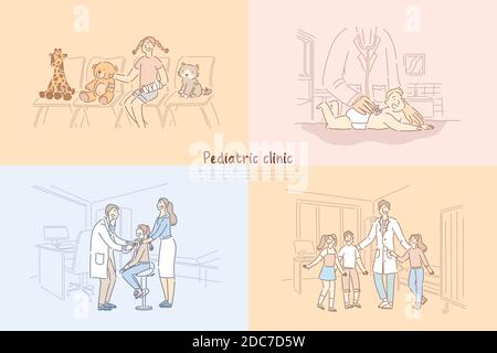 Clinique pédiatrique, bébé dans le bureau du pédiatre, fille dans la salle d'attente de l'hôpital, modèle de bannière de médecin de visite d'enfants. Garde d'enfants, soins de santé, assurance-maladie Illustration de Vecteur