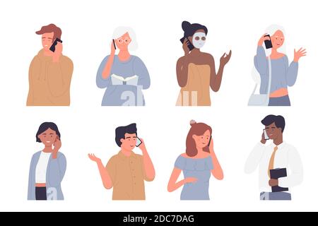 Les gens parlent par téléphone scénario jeu d'illustrations. Caricature homme heureux femmes personnages debout pendant les appels, tenant le smartphone et parler, personne communiquant, collection de communication isolée sur blanc Illustration de Vecteur