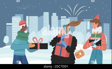 Les gens donnent des cadeaux de Noël en hiver neige paysage urbain illustration vectorielle. Caricature paysage urbain festif avec homme femme amis personnages donnant Noël cadeau surprise dans boîte décorée avec des rubans de noeud Illustration de Vecteur