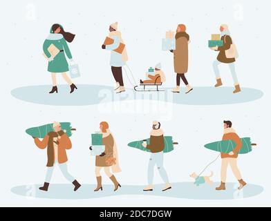 Illustrations vectorielles pour les personnes avec des cadeaux de Noël. Caricature femme homme personnages portant des sacs et des boîtes cadeaux, arbre de Noël pour la maison fête de Noël célébration des vacances d'hiver isolé sur blanc Illustration de Vecteur