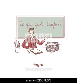 Professeur posant la question, parlez-vous anglais, entrevue d'emploi à l'étranger, éducation à l'étranger, bannière de cours de langue. Examen de citoyenneté, vérification des connaissances conc Illustration de Vecteur