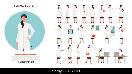 Le personnage féminin du médecin ou de l'infirmière pose un ensemble d'illustrations vectorielles. Caricature médecin professionnel médical personnel avec stéthoscope et sac d'urgence posé au travail, la profession de médecine pose isolé sur blanc Illustration de Vecteur