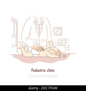 Bureau de pédiatre, clinique pédiatrique, thérapeute examinant nouveau-né avec stéthoscope, bannière de bébé à l'hôpital. Garde d'enfants, médecin concept de rendez-vous ca Illustration de Vecteur