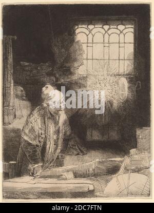 Rembrandt van Rijn, (artiste), néerlandais, 1606 - 1669, Faust, c. 1652, gravure, point sec et burin, feuille (découpée au repère de la plaque) : 21.2 x 16.2 cm (8 3/8 x 6 3/8 po Banque D'Images