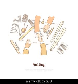 Réunion d'affaires, négociation, conception de plan de construction, négociation d'architecte et d'entrepreneur, bannière de travail d'équipe. Partenariat, collègues travaillant sur le projet con Illustration de Vecteur