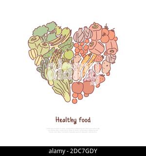 Alimentation saine, mode de vie, tomates fraîches et crues, concombres betteraves en forme de coeur, bannière de fruits et légumes biologiques. Nourriture naturelle, repas éco concep Illustration de Vecteur