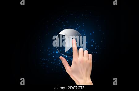 Silhouette de main en 3D réaliste avec le doigt sur un bouton de lecture. Illustration. Banque D'Images