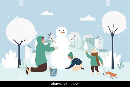 Les familles font de Noël bonhomme de neige ensemble illustration vectorielle. Dessin animé actif parent et enfants faire drôle bonhomme de neige de Noël à partir de boules de neige, Noël hiver activité en plein air dans la nature Illustration de Vecteur