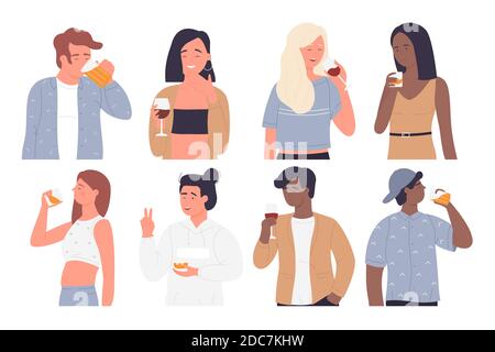 Kit d'illustrations vectorielles People Drink. Caricature jeune homme heureux femme personnages boire, tenir des verres de vin, des verres de bière ou de whisky dans les mains, amusant fête dans la barre d'alcool ou maison isolée sur blanc Illustration de Vecteur