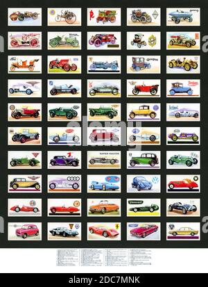 Cartes de collection 'Histoire de la voiture' (jeu complet de 50, 1968, chaque carte de taille réelle numérisée de 69 mm x 37 mm, pièces d'identité à la base) émises par Brooke Bond Tea Banque D'Images