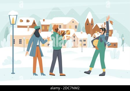Les gens se rencontrent sur l'illustration vectorielle de la ville de Noël en hiver. Caricature homme heureux femme ami personnages marche et réunion, tenant des boîtes cadeaux de Noël pour célébrer le fond de Noël Illustration de Vecteur