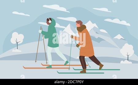 Hiver ski sport personnes illustration vectorielle. Caricature homme femme couple skieur personnages randonnée ski dans montagne neige nature paysage, activité saine de vacances en famille, l'hiver arrière-plan de vacances Illustration de Vecteur