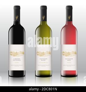 Jeu d'étiquettes pour vin rouge, blanc et rose de qualité supérieure sur les flacons Realistic Vector. Raisins dessinés à la main Bunch et Rural Vineyard Landscape Sketches Illustration de Vecteur