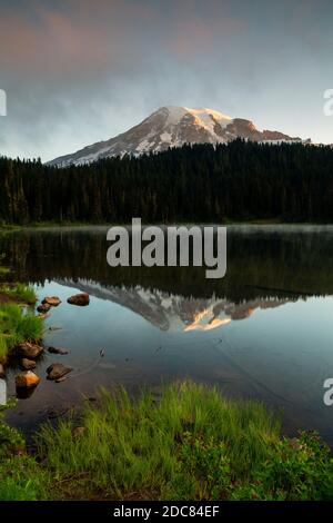 WA18248-00...WASHINGTON - lever du soleil sur le mont Rainier depuis Reflection Lakes dans le parc national du mont Rainier. Banque D'Images