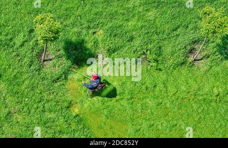 l'ouvrier tond l'herbe avec une débroussailleuse à essence dans la ville, vue de dessus Banque D'Images