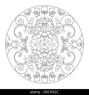 Page de coloriage de Noël. Mandala. Le Père noël et les petites colombes portant des cadeaux. Noir et blanc. Illustration vectorielle. Illustration de Vecteur