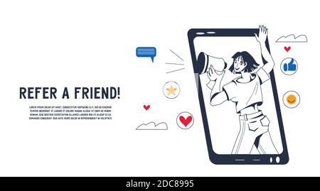 Recommander un concept ami avec femme fait une illustration vectorielle de promotion d'entreprise. Illustration de Vecteur