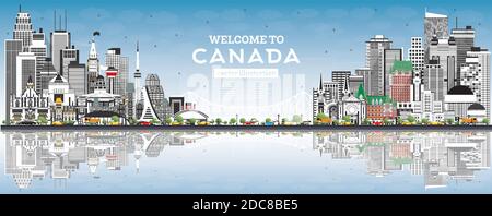 Bienvenue à Canada City Skyline avec bâtiments gris et ciel bleu. Illustration vectorielle. Concept avec architecture historique. Illustration de Vecteur