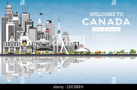 Bienvenue à Canada City Skyline avec bâtiments gris et ciel bleu. Illustration vectorielle. Concept avec architecture historique. Illustration de Vecteur