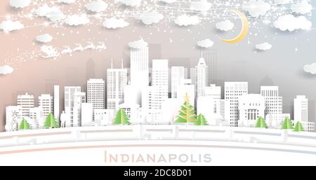 Indianapolis Indiana USA City Skyline en style papier coupé avec flocons de neige, Lune et Neon Garland. Illustration vectorielle. Concept Noël et nouvel an. Illustration de Vecteur