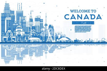 Aperçu Bienvenue à Canada City Skyline avec Blue Buildings. Illustration vectorielle. Concept avec architecture historique. Canada Cityscape avec des points de repère. Illustration de Vecteur