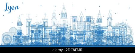 Contour Lyon France Skyline avec Blue Buildings. Illustration vectorielle. Concept de voyage d'affaires et de tourisme avec architecture historique. Illustration de Vecteur