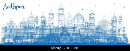 Outline Jodhpur India City Skyline avec Blue Buildings. Illustration vectorielle. Concept de voyage d'affaires et de tourisme avec architecture historique. Illustration de Vecteur