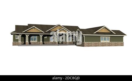 modèle 3d de maison de ranch isolée sur blanc, avec chemin de travail inclus dans l'illustration Banque D'Images