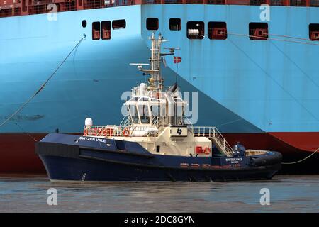 Le remorqueur du port Svitzer Vale soutiendra le navire à conteneurs Mette Maersk avec amarrage dans le port de Bremerhaven le 24 août 2020. Banque D'Images