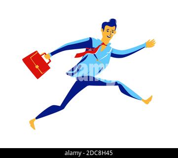 Entreprise - courir surmonter les obstacles, illustration de dessin animé vecteur de concept. Homme d'affaires en costume de bureau avec porte-documents à la main court et sauts, métaphore sur l'entreprise Illustration de Vecteur