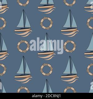 Motif pour garçon. Le meilleur modèle avec les voiliers et le monticule de secours. Magnifique ornement avec un bateau pour le tissu et le papier d'emballage. Illustration de Vecteur