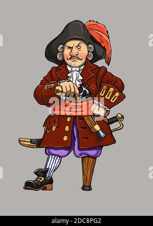 Capitaine pirate avec dessin animé de jambe en bois. Drôle de capitaine Flint. Banque D'Images