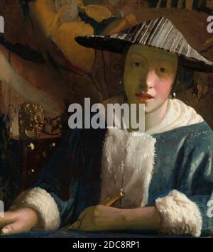 Johannes Vermeer, (peintre), néerlandais, 1632 - 1675, fille avec une flûte, probablement 1665/1675, huile sur panneau, surface peinte : 20 x 17.8 cm (7 7/8 x 7 in.), encadrée : 39.7 x 37.5 x 5.1 cm (15 5/8 x 14 3/4 x 2 in Banque D'Images