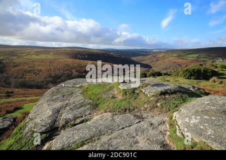 Vue d'automne depuis le haut du banc jusqu'à la gorge de Dart en direction de Dartmeet, parc national de Dartmoor, Devon, Angleterre, Royaume-Uni Banque D'Images