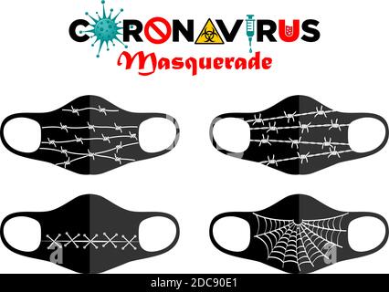 Concept de l'impression sur des masques de protection réutilisables. Divertissement pendant la quarantaine du coronavirus. Fil barbelé, patch, toile d'araignée. Illustration Illustration de Vecteur