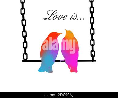 Deux oiseaux amoureux s'assoient sur une balançoire. Bonne Saint Valentin. Avec amour. Supports mixtes. Illustration vectorielle Illustration de Vecteur