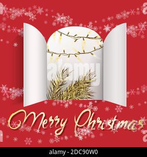 Calendrier de l'Avent portes ouvrant avec branche d'arbre de noël doré, chutes de flocons de neige isolés sur le rouge. Symbole hiver idéal pour les affiches de Noël, en-tête Illustration de Vecteur