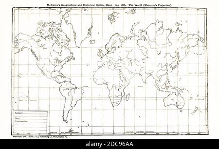 Cette carte de contour géographique et historique montre le monde selon la projection de Mercator. Banque D'Images