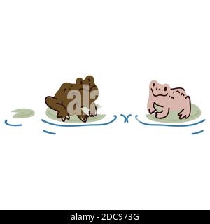 Dessin animé mignon deux grenouilles sur l'étang Lily PAD linéart illustration du vecteur. Simple autocollant clipart d'amphibie. Enfants lac faune dessin à la main kawaii toad. Illustration de Vecteur