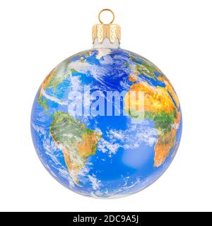 Boule de Noël avec texture de carte de la Terre, rendu 3D isolé sur fond blanc Banque D'Images