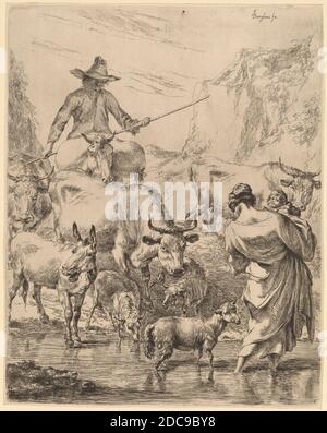 Nicolaes Pietersz Berchem, (artiste), Néerlandais, 1620 - 1683, Herd Crossing the Brook, gravure Banque D'Images