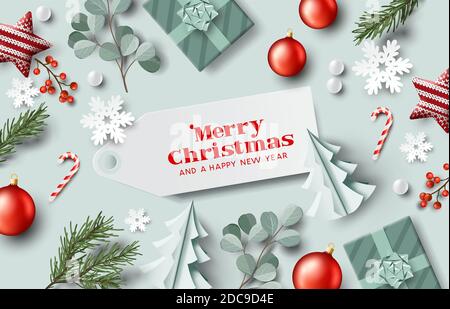 Décorations de sapin de Noël, cadeaux emballés et plantes d'hiver décor festif avec un message de Noël joyeux. Illustration vectorielle Illustration de Vecteur