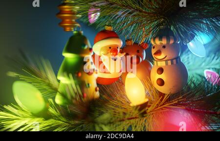 Les amis et la famille se réunissent à noël. Un groupe de décorations d'arbre de noël sur un arbre se rassemble autour d'une chaude lumière de fée. Illustrateur 3D Banque D'Images